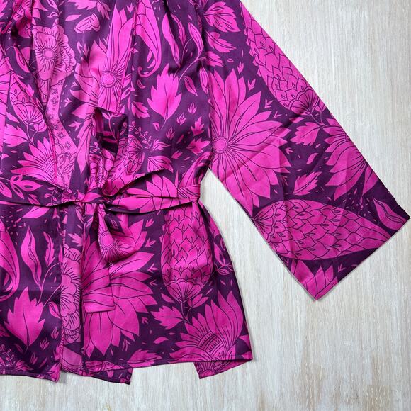 NWT Ann Taylor Plum Rose Floral Tie Kimono Wrap Cardigan Layering Romantic M/L - Picture 3 of 13